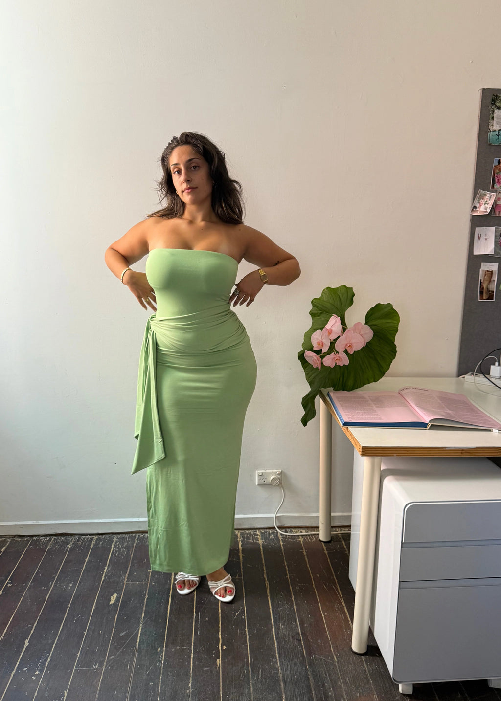 Draped Strapless Bamboo Maxi Dress in Sea Moss