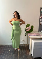Draped Strapless Bamboo Maxi Dress in Sea Moss