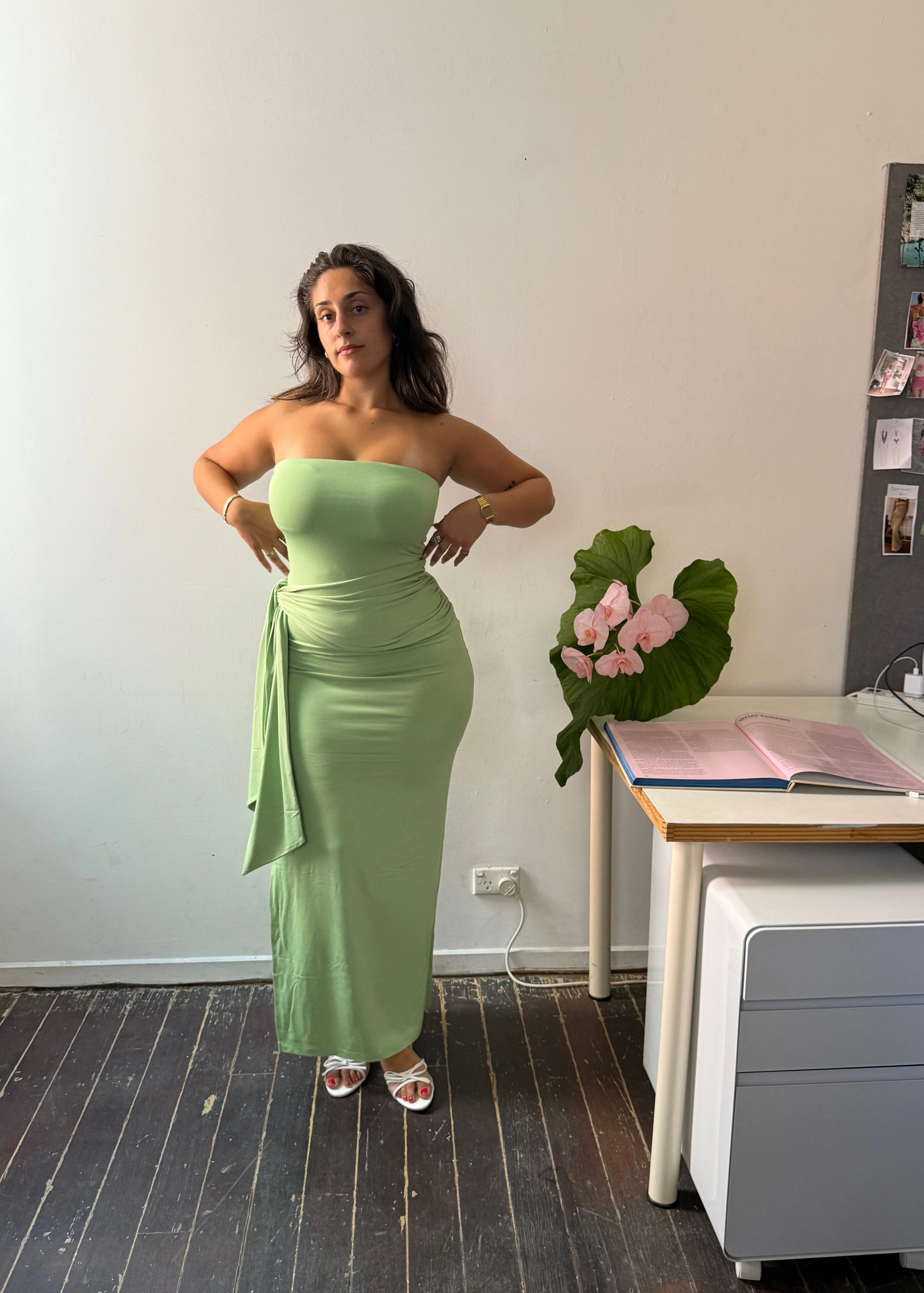 Draped Strapless Bamboo Maxi Dress in Sea Moss