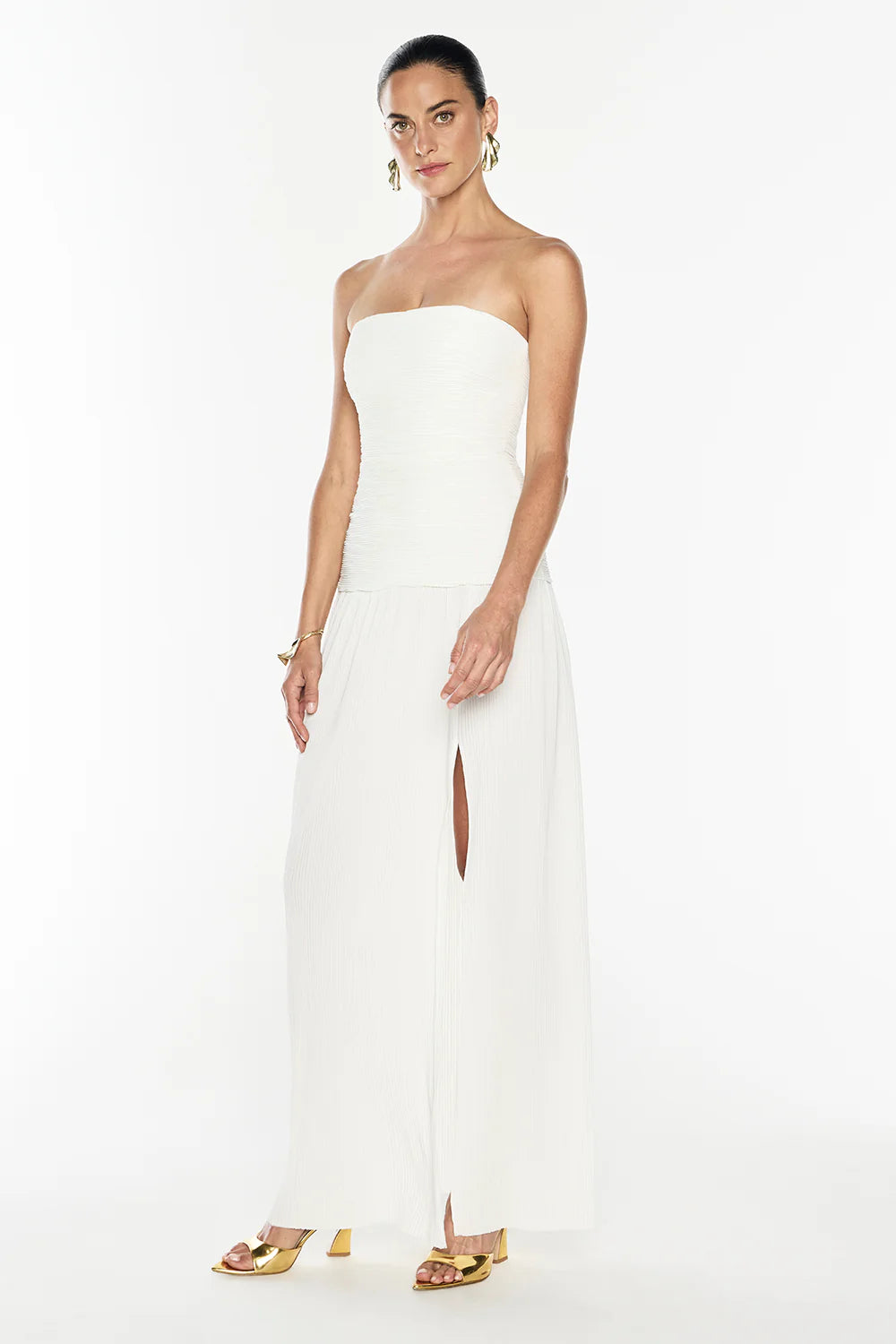 Double Time Pleat Strapless Dress in White