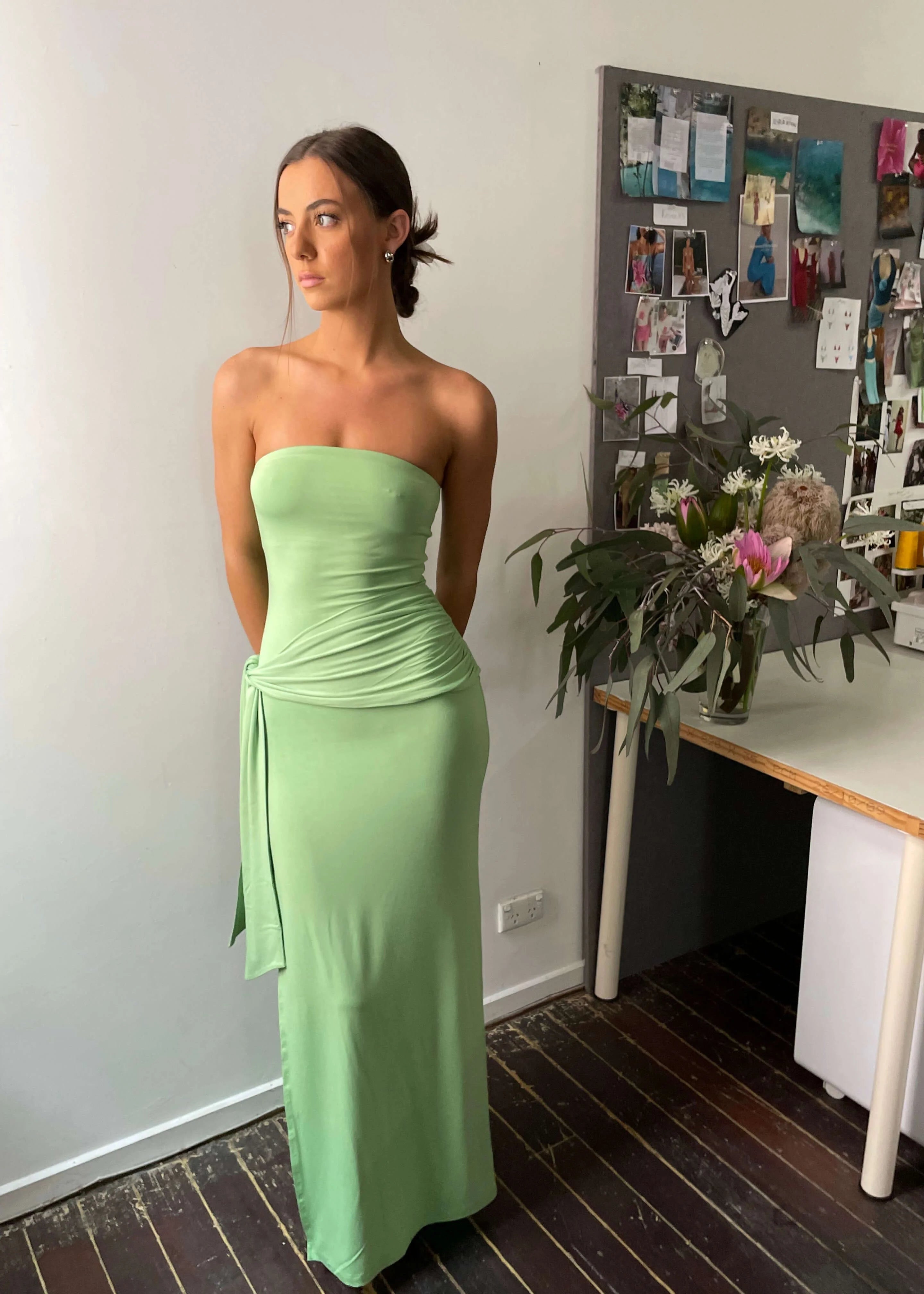 Draped Strapless Bamboo Maxi Dress in Sea Moss
