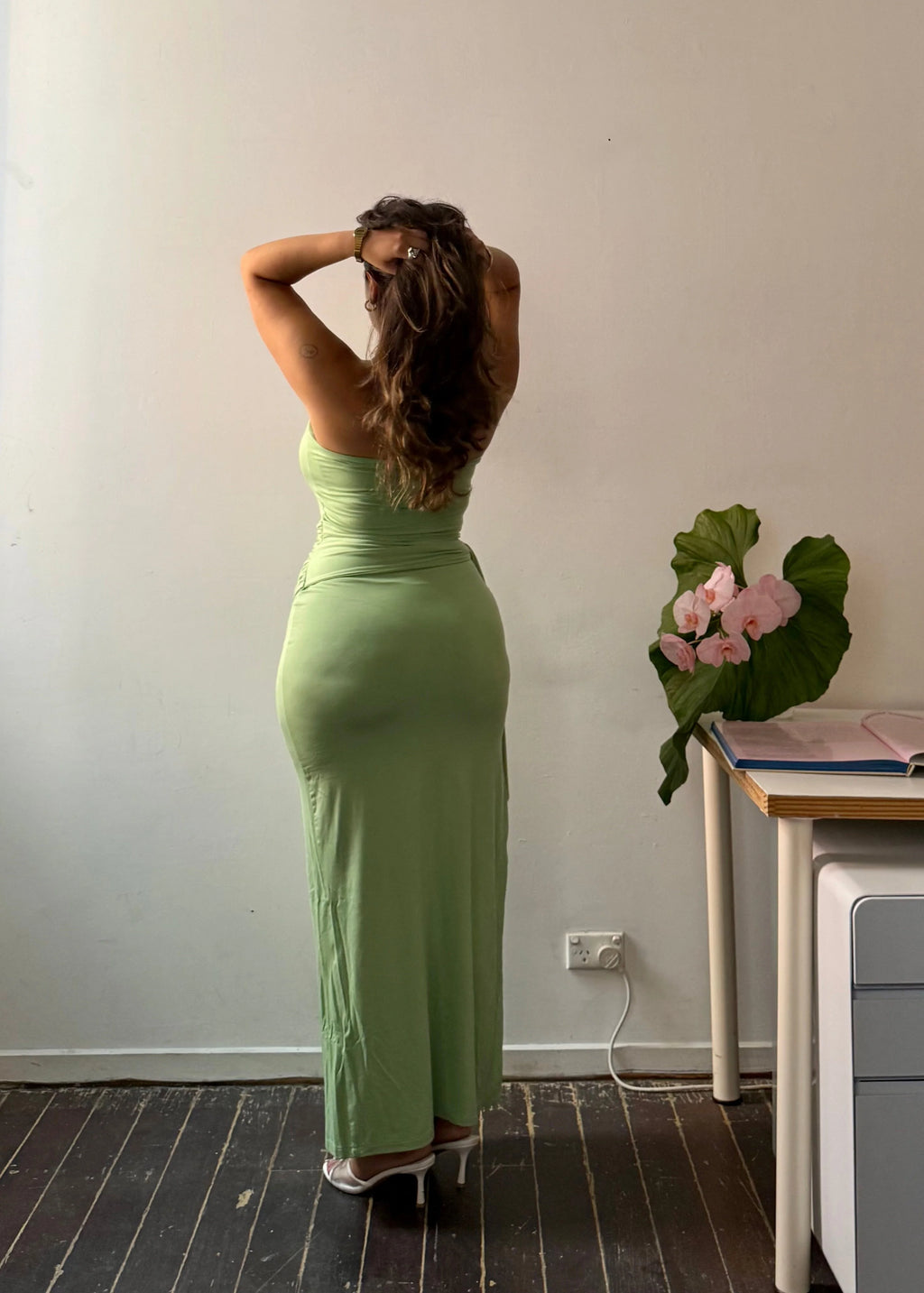 Draped Strapless Bamboo Maxi Dress in Sea Moss