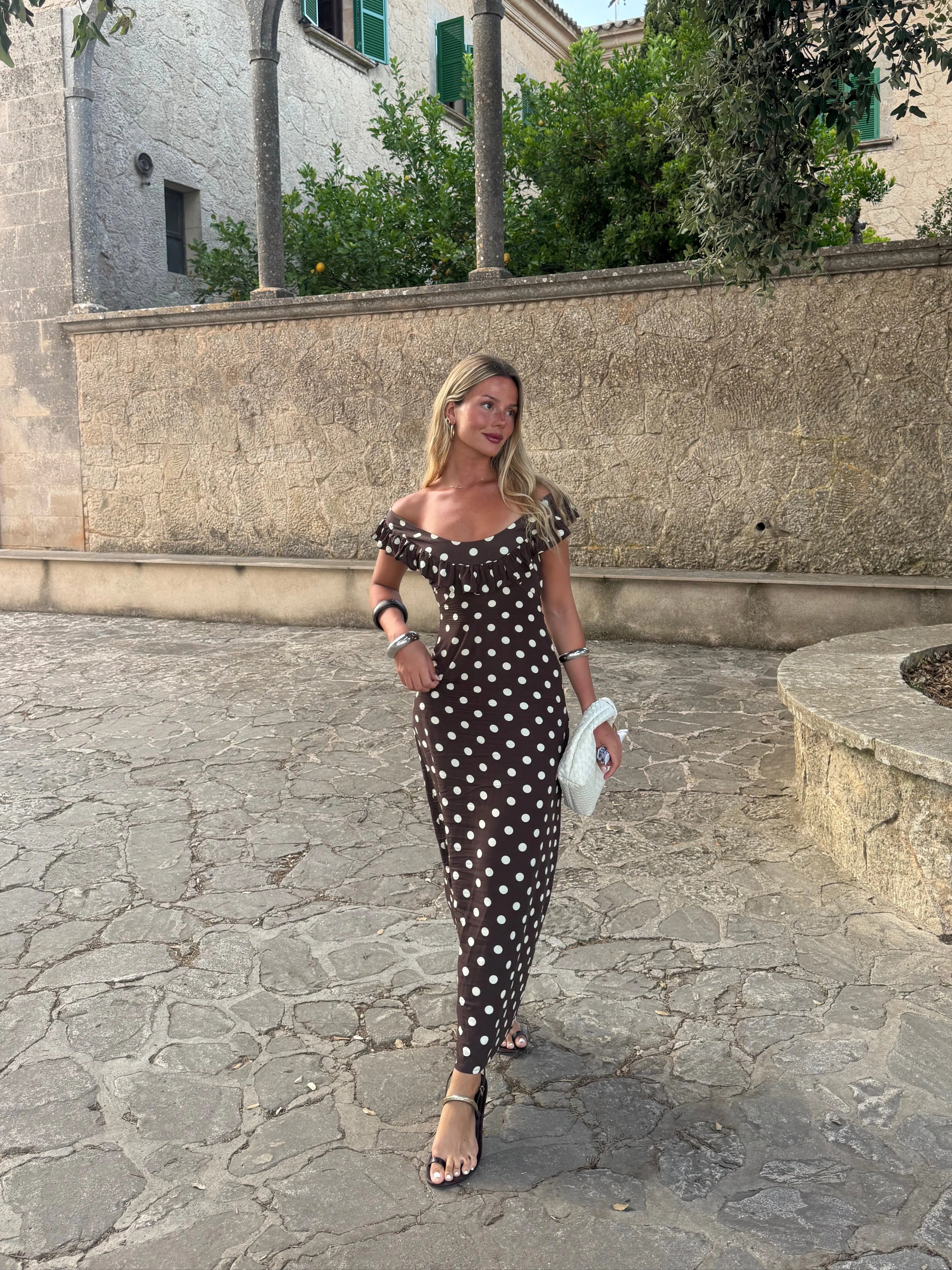 Luna Dress in Brown/Yellow Polka