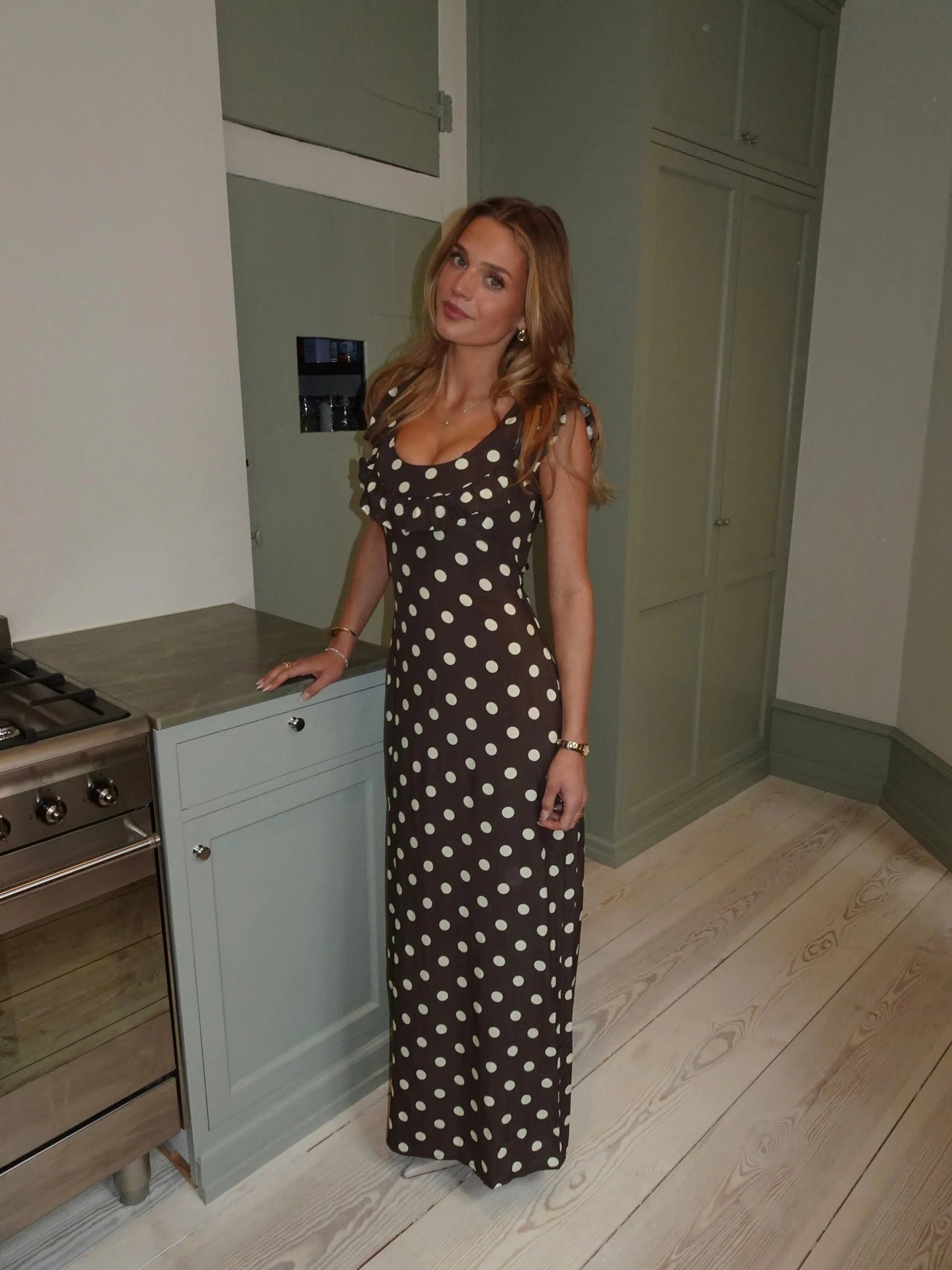 Luna Dress in Brown/Yellow Polka