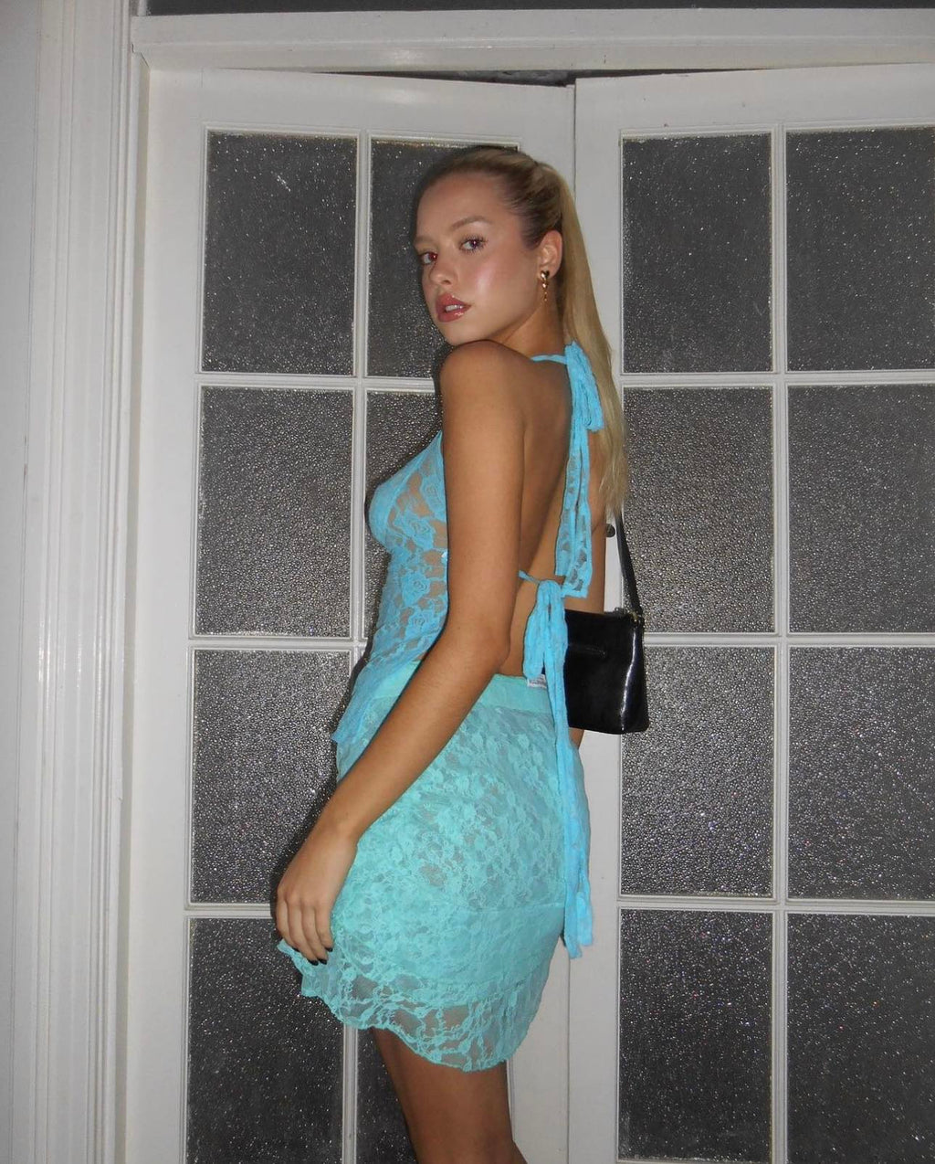 Aqua Lace Halter and Peppermint Stretch Lace Skirt