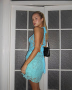 Aqua Lace Halter and Peppermint Stretch Lace Skirt