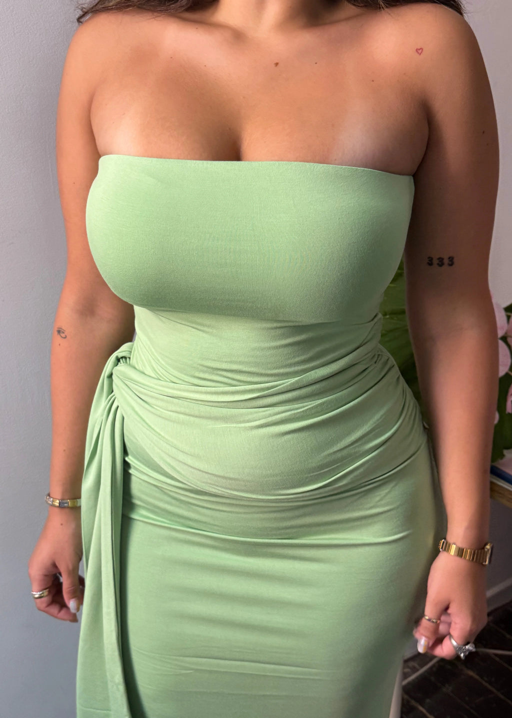 Draped Strapless Bamboo Maxi Dress in Sea Moss