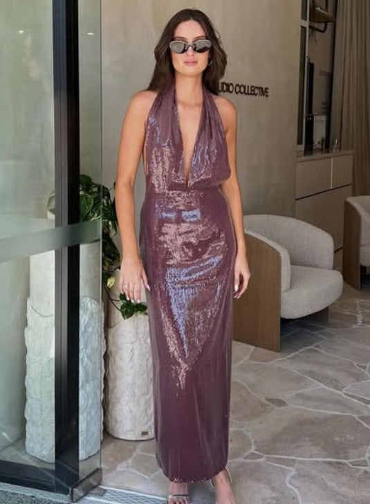 Burgundy Straight Halter Maxi