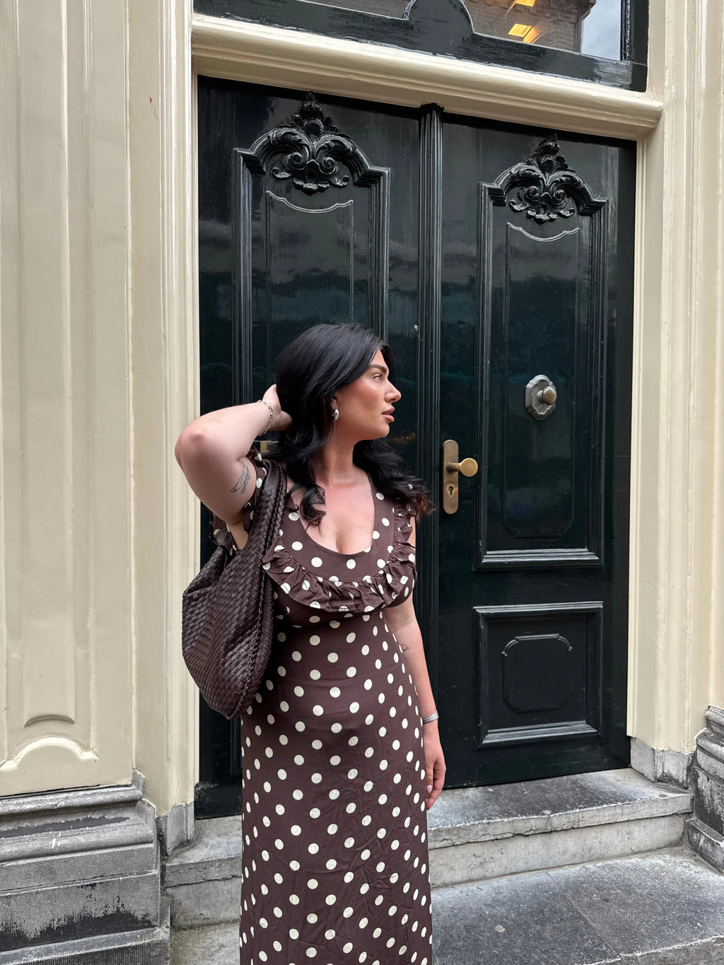 Luna Dress in Brown/Yellow Polka