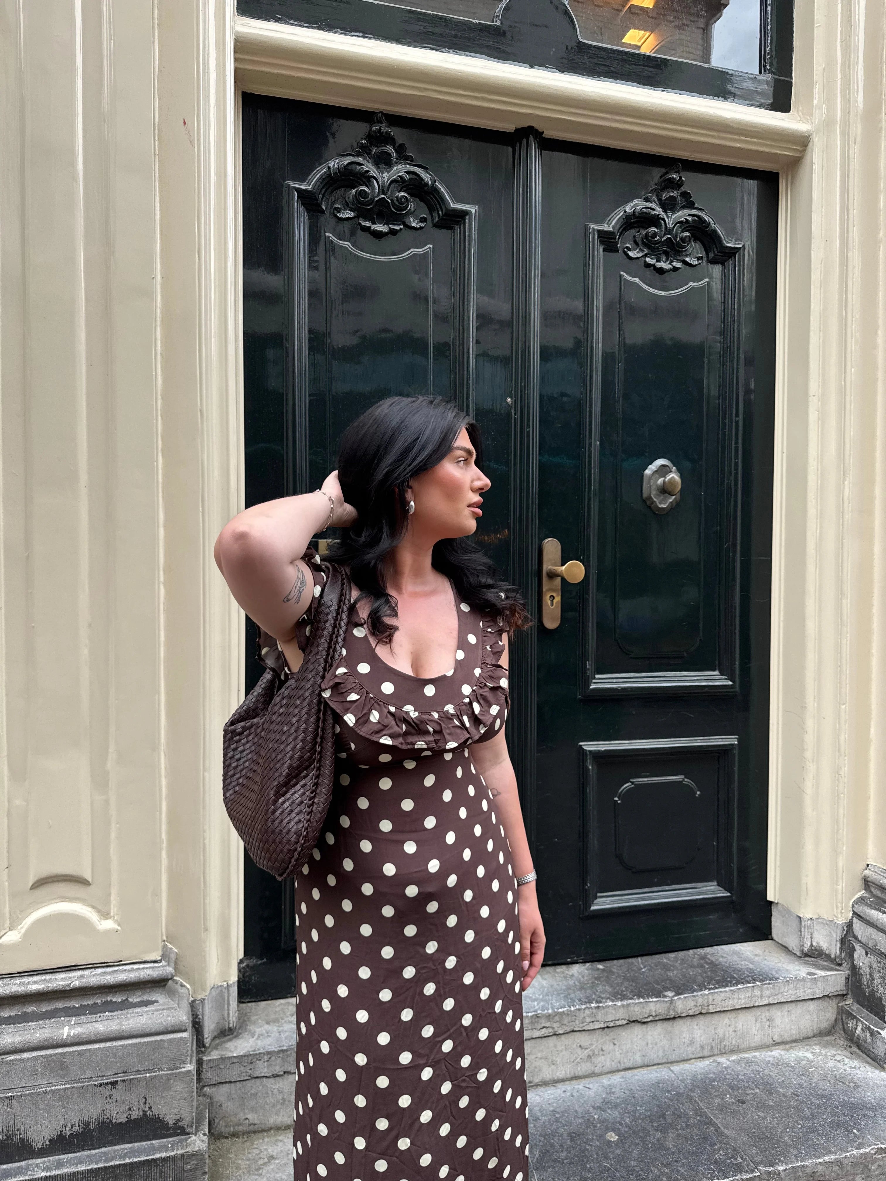 Luna Dress in Brown/Yellow Polka