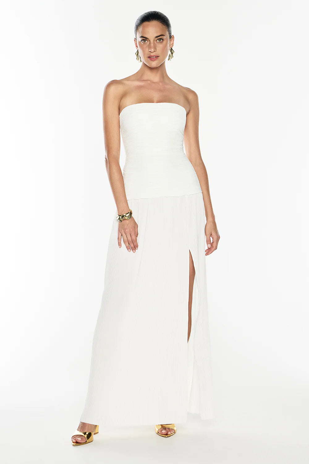 Double Time Pleat Strapless Dress in White