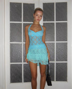 Aqua Lace Halter and Peppermint Stretch Lace Skirt
